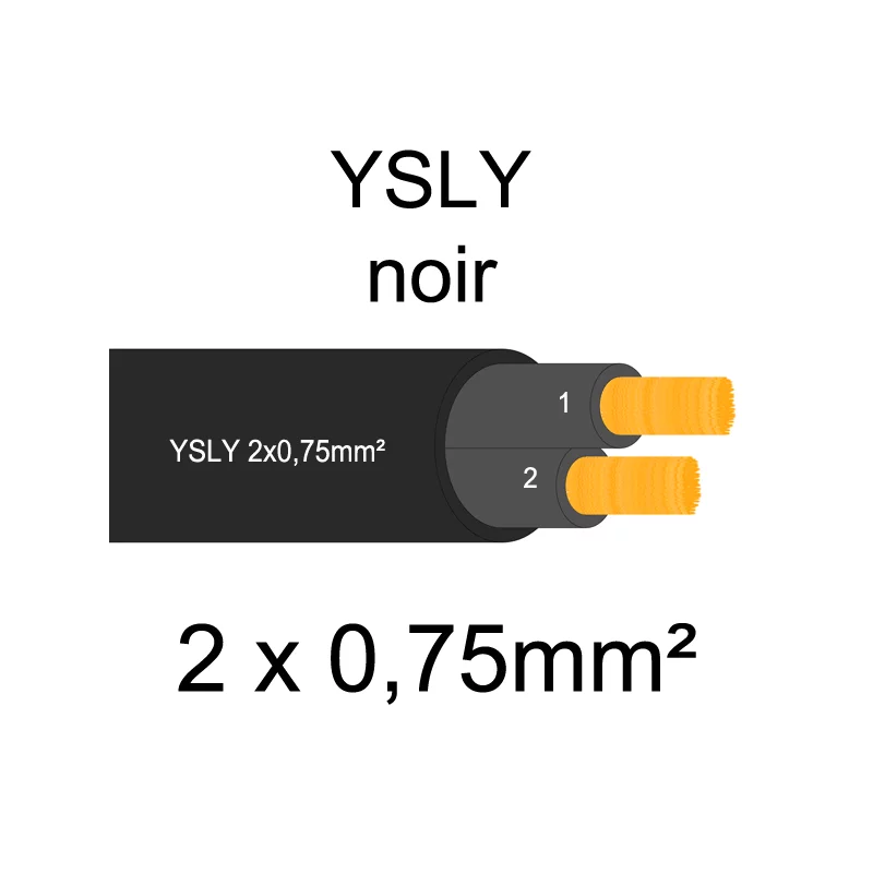 câble cuivre souple noir pour extérieur série YSLY 2 conducteurs 0.75mm²