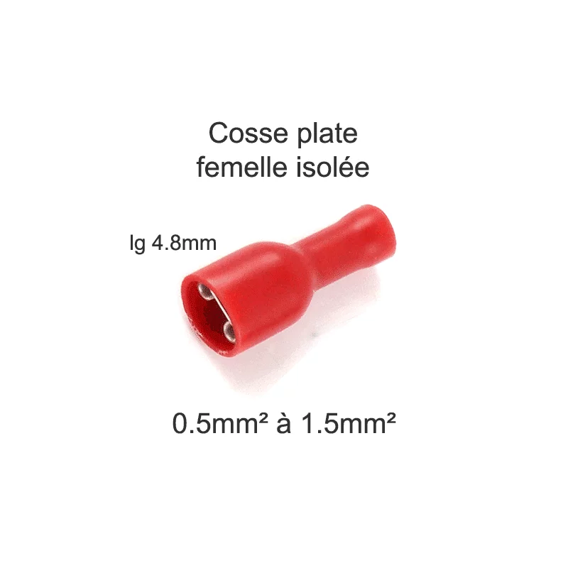 cosse plate femelle à sertir entierement isolee pour fil de section 0.5mm2 jusque 1.5mm2, largeur 4.8mm