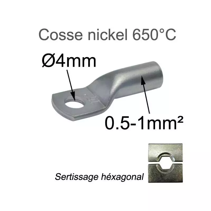 cosse haute température nickel 650°C pour fil 0.5mm² et 1mm² trou M4