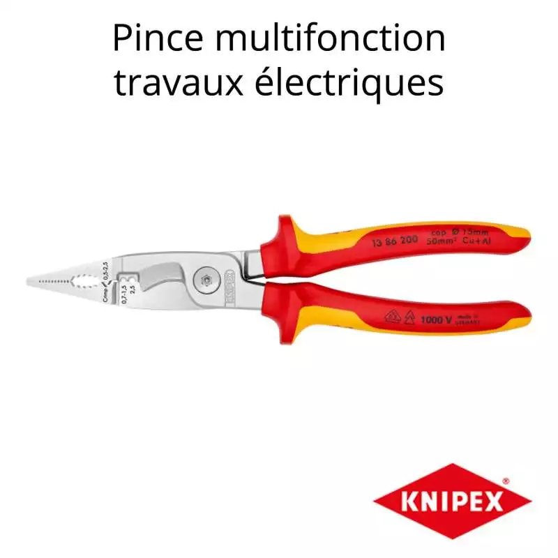 Pince d'électricien multifonction KNIPEX 13 86 200 VDE - Coupe et dénude  câbles, sertissage d'embouts - 200 mm - Cdiscount Bricolage