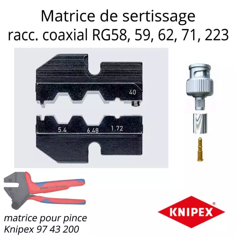 matrice pour connecteur coaxial RG58 RG59 RG62 RG71 RG223 à monter sur pince knipex 97 43 200